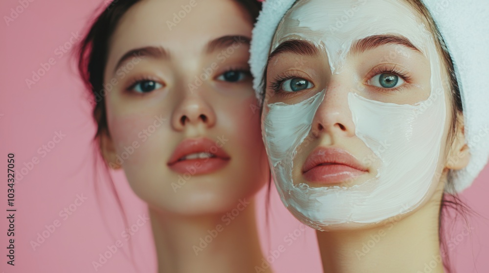 Low angle of young pretty Asian and Caucasian ladies with different types of skin standing near each other and looking at camera in studio. Beauty, facial treatment and spa concept