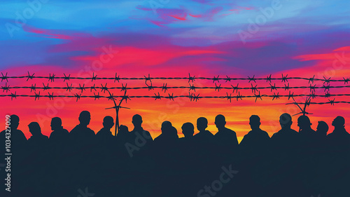 Silhouettes Against a Sunset with Barbed Wire