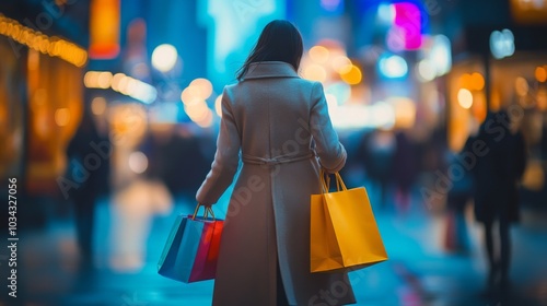 A woman strolls through a bustling city street at dusk, holding two colorful shopping bags. The street is illuminated with bright lights, creating a lively atmosphere filled with shoppers.