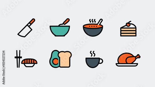 Colorful food icons featuring a knife, bowl, soup, cake, sushi, avocado toast, coffee, and roast chicken on a neutral background.