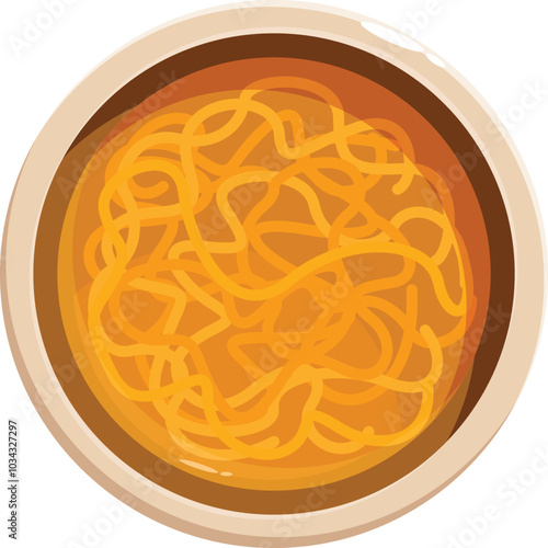 Chicken soup with noodles served in ceramic bowl, top view, comforting and nourishing meal