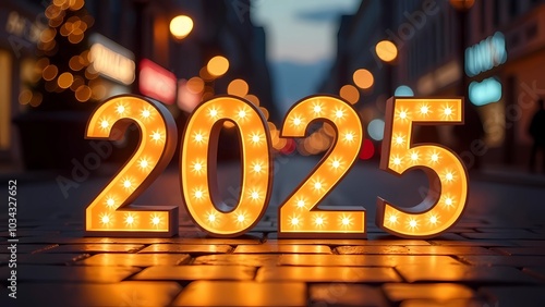 Neon display with bright lights. 2025. New Year