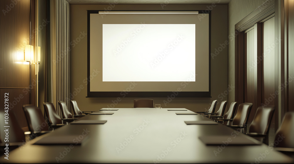 Modern conference room setup with projector screen and empty chairs for team meetings and presentations in a professional environment Modern conference room setup with projector screen and empty chairs for team meetings and presentations in a professional environment
