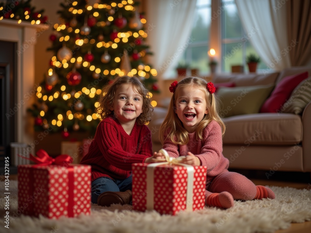 Two children joyfully opening Christmas presents in a cozy living room decorated with a tree and festive lights during the holiday season Two children joyfully opening Christmas presents in a cozy living room decorated with a tree and festive lights during the holiday season