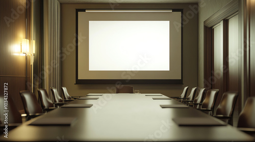 Modern conference room setup with projector screen and empty chairs for team meetings and presentations in a professional environment