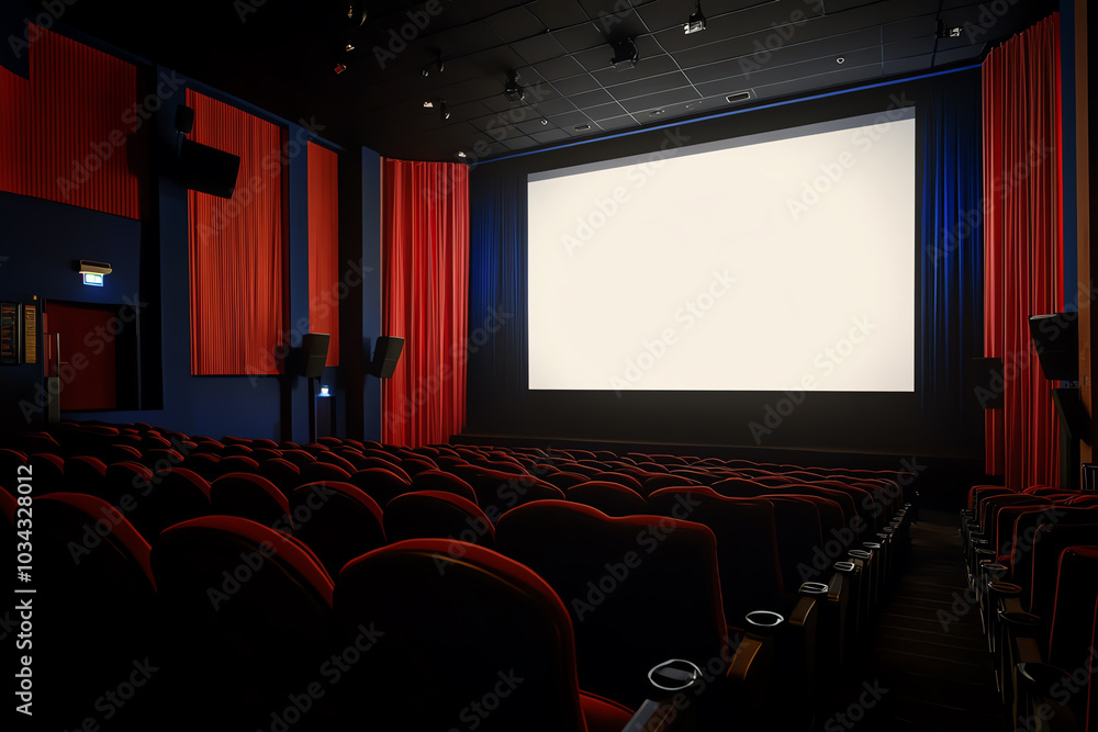 Obraz premium Experience cinematic magic an inside look at the enchanting atmosphere of an empty movie theater awaiting its audience