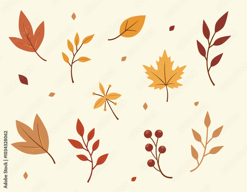 Obraz premium Assorted autumn leaves in vibrant shades of orange, red, and yellow scattered against a light beige background, capturing the essence of fall.