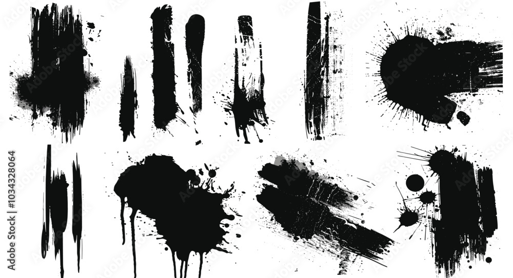 Abstract black ink splatters and brush strokes on white background, creating a dynamic and artistic composition. Abstract black ink splatters and brush strokes on white background, creating a dynamic and artistic composition.