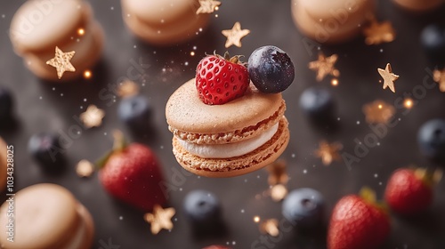 Macarons with Strawberries and Blueberries - Delicious French Pastry photo