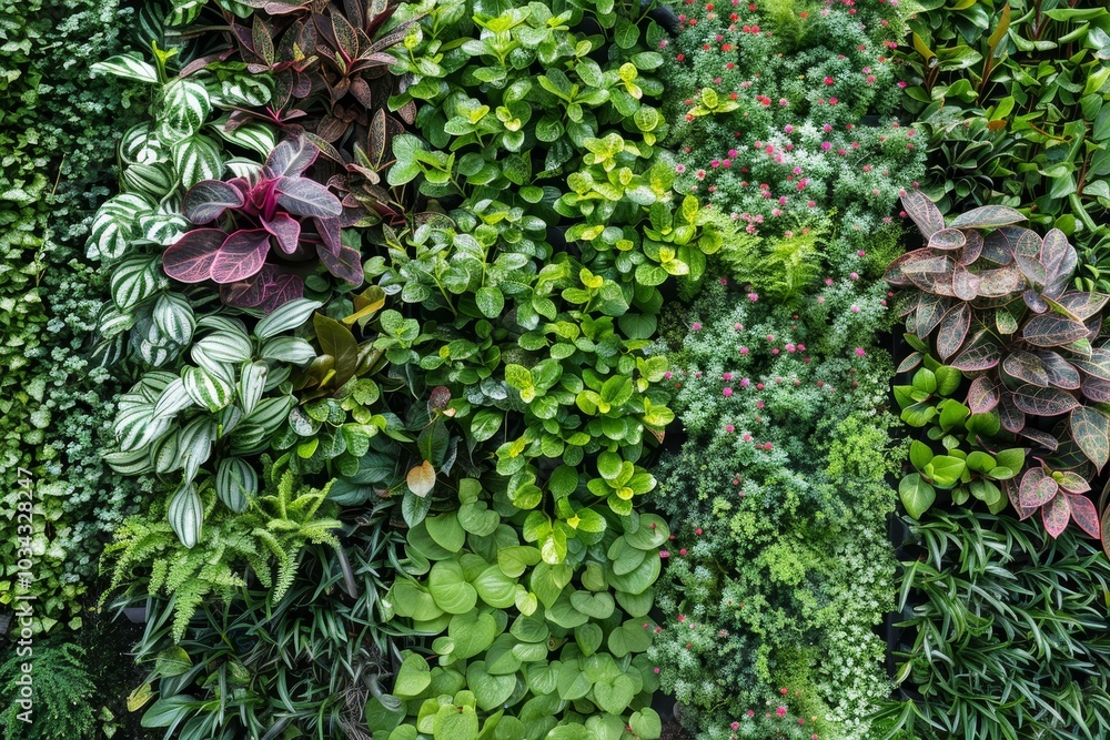 An impressive collection of various plants and foliage creates a lush vertical garden, demonstrating the beauty of greenery in an urban environment, illuminated by natural daylight. An impressive collection of various plants and foliage creates a lush vertical garden, demonstrating the beauty of greenery in an urban environment, illuminated by natural daylight.
