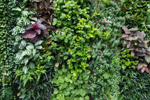 An impressive collection of various plants and foliage creates a lush vertical garden, demonstrating the beauty of greenery in an urban environment, illuminated by natural daylight.