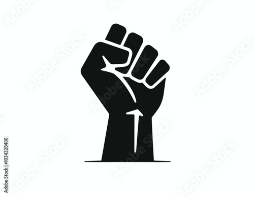 Silhouette of a raised fist symbolizing strength, unity, and resistance against a plain white background.