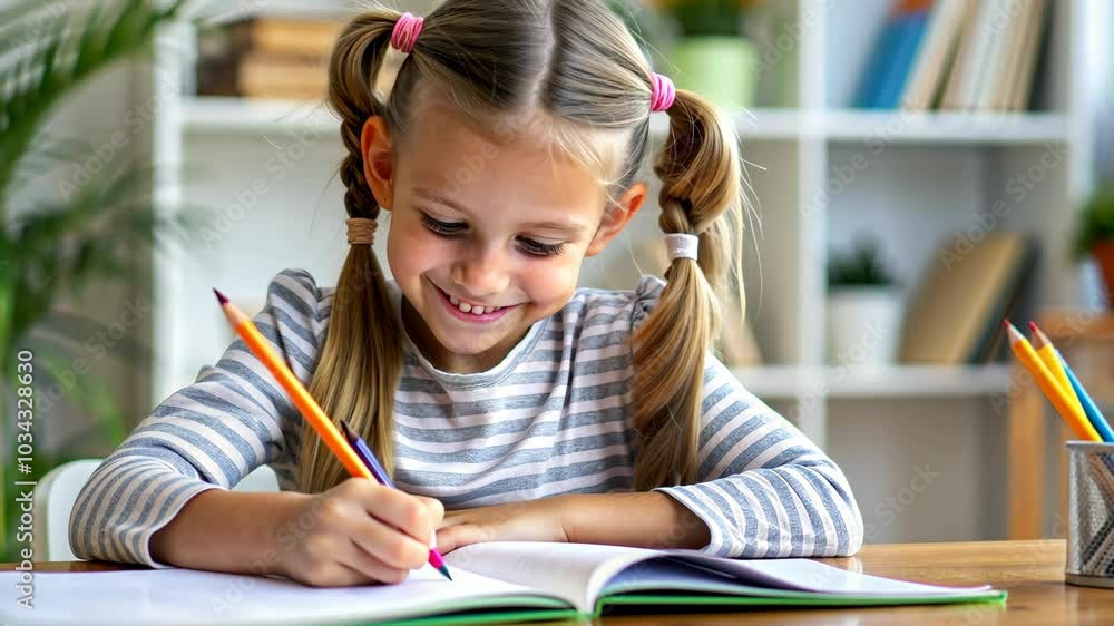 Cheerful girl enjoys drawing at her study desk in a bright, cozy room filled with plants and books in the afternoon sunlight Cheerful girl enjoys drawing at her study desk in a bright, cozy room filled with plants and books in the afternoon sunlight