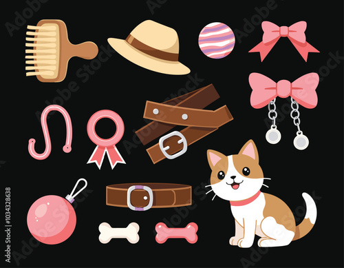 Cute pet accessories and a charming cartoon cat on a black background, including hats, bows, collars, and grooming tools.