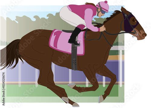 horse racing, female jockey on racehorse in full gallop with racetrack in the background