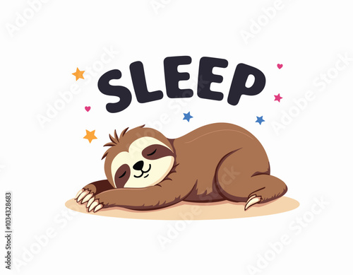 Adorable cartoon sloth sleeping peacefully, surrounded by stars and hearts, with the word 'SLEEP' above.