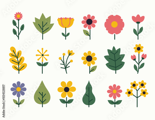 Colorful collection of stylized flowers and leaves against a white background, featuring various shapes and vibrant hues of pink, yellow, and green.