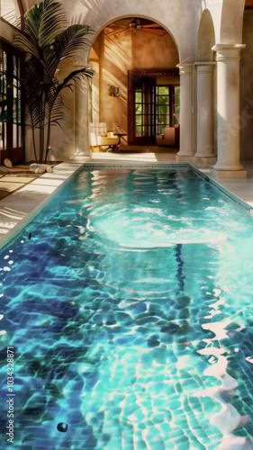 Luxury swimming pool with tropical plants and stone path. Poolside patio in mediterranean villa. Backyard view with sundeck, chaise lounges and garden. Holiday resort hotel.4 Vertical video reels