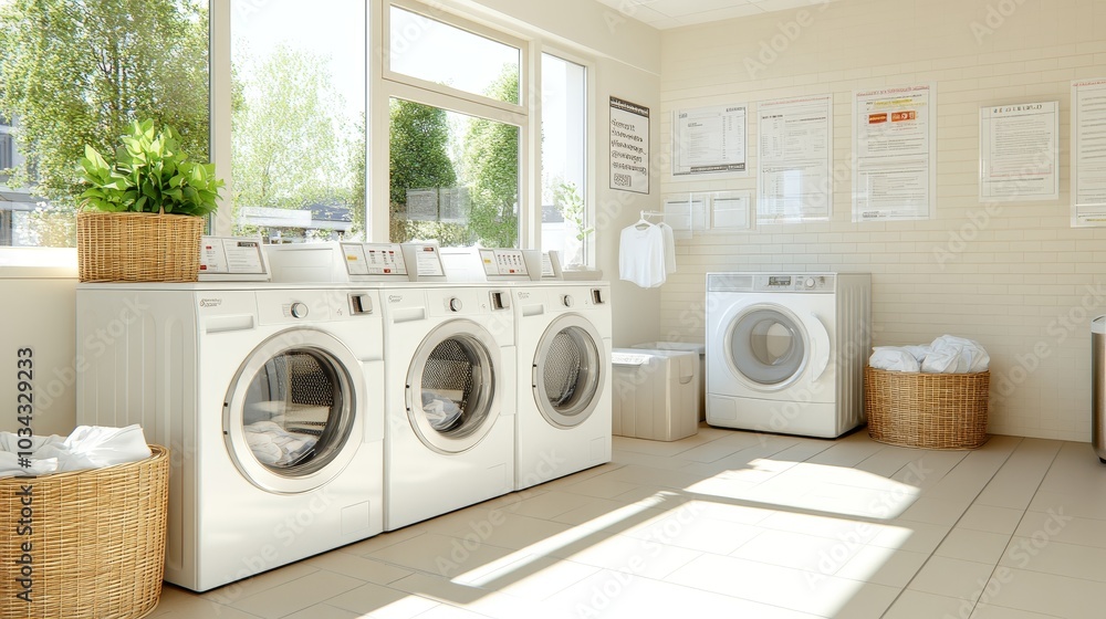 Organized laundromat space with multiple white washing machines each with clean linens in baskets above welcoming feel sunlight streaming through large windows, photorealistic Organized laundromat space with multiple white washing machines each with clean linens in baskets above welcoming feel sunlight streaming through large windows, photorealistic