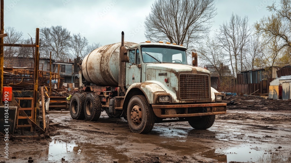 Fototapeta premium A rusty cement mixer truck sits parked in a muddy construction yard on a cloudy day