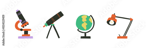 Set of telescope, microscope and globe in flat style. Natural phenomena. Hand drawn vector illustration.