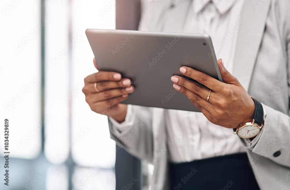 Business, woman and hands with tablet in office for investment, research and online finance news. Financial advisor, planning and website on tech for budget report, information and portfolio review Business, woman and hands with tablet in office for investment, research and online finance news. Financial advisor, planning and website on tech for budget report, information and portfolio review