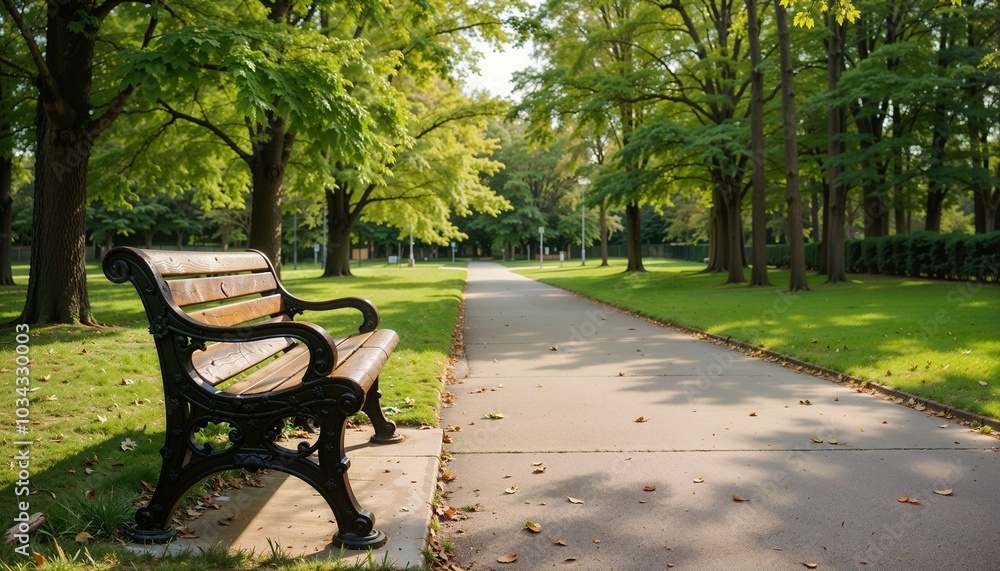 Wooden Park Bench on Pathway Surrounded by Lush Green Trees Wooden Park Bench on Pathway Surrounded by Lush Green Trees