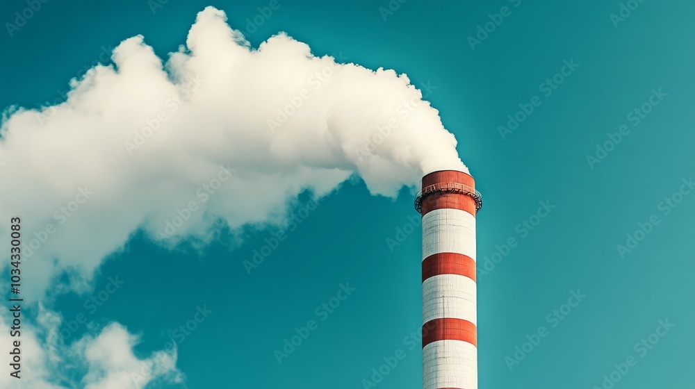 A colossal smokestack releases thick steam into the clear azure sky above A colossal smokestack releases thick steam into the clear azure sky above