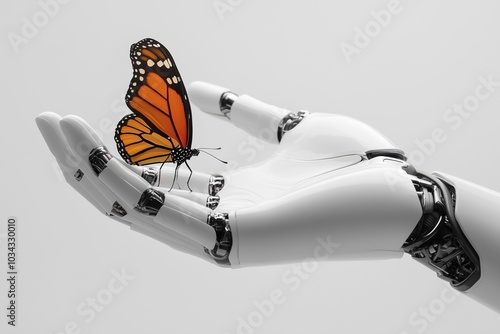 Close-up of a sleek AI robot hand holding a monarch butterfly. Concept of peaceful coexistence between technology and nature. photo