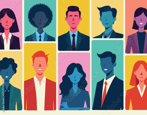 Abstract illustration of diverse professionals in vibrant colors, highlighting gender and ethnic diversity in a modern corporate setting.