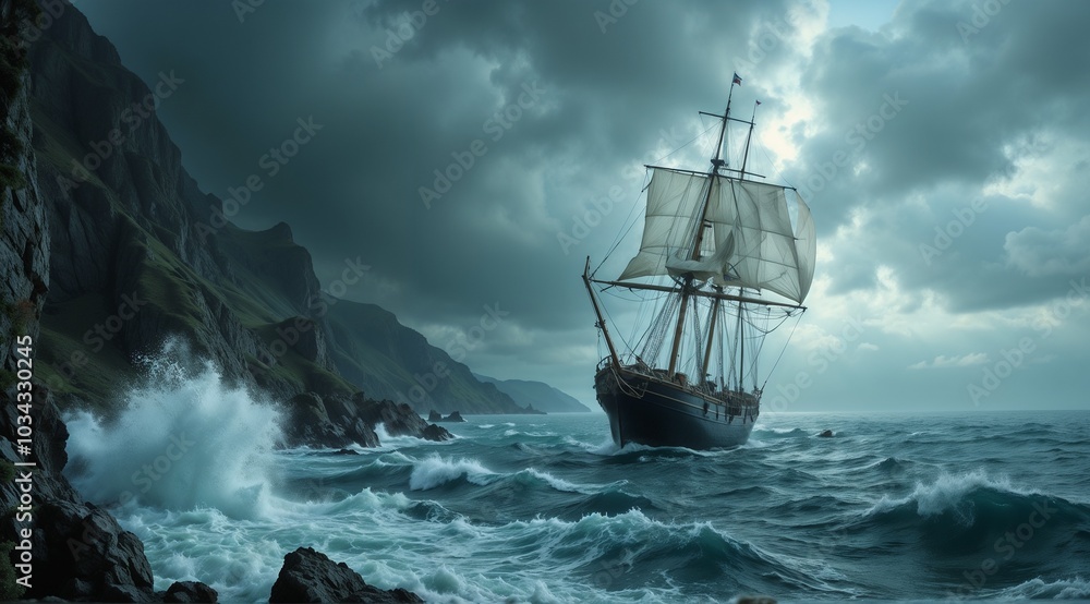 Obraz premium Sailing ship battling stormy seas with dramatic clouds and turbulent waves 