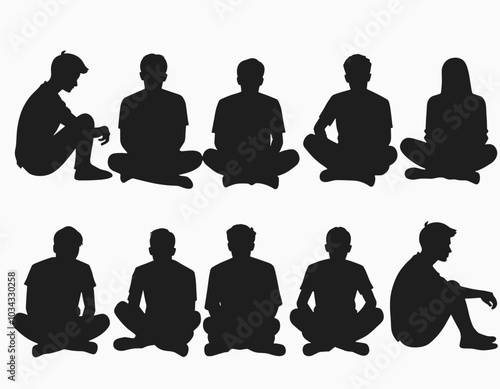 Silhouettes of young individuals sitting cross-legged in a row, showcasing diverse postures against a neutral background.