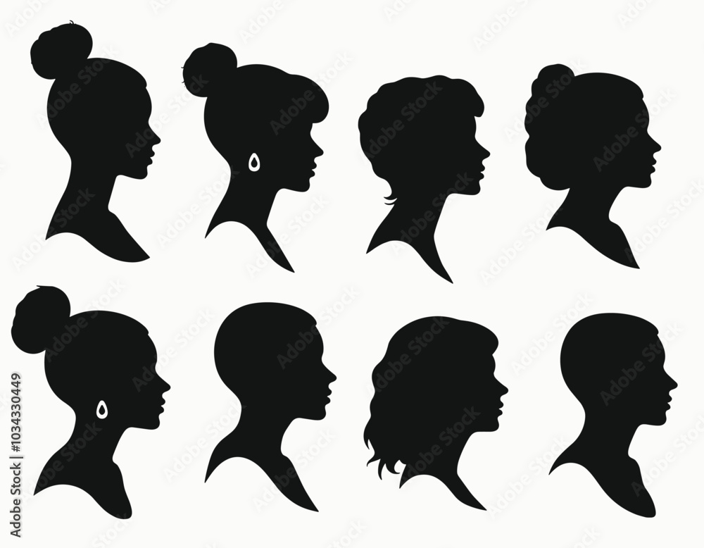 Silhouettes of diverse female profiles, each uniquely styled, highlighting different hairstyles and accessories in a minimalist black and white design. Silhouettes of diverse female profiles, each uniquely styled, highlighting different hairstyles and accessories in a minimalist black and white design.