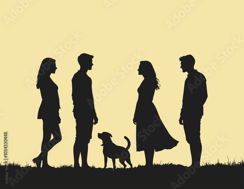 Silhouettes of two men, two women, and a dog standing in a field against a warm yellow background, creating a serene and contemplative scene.