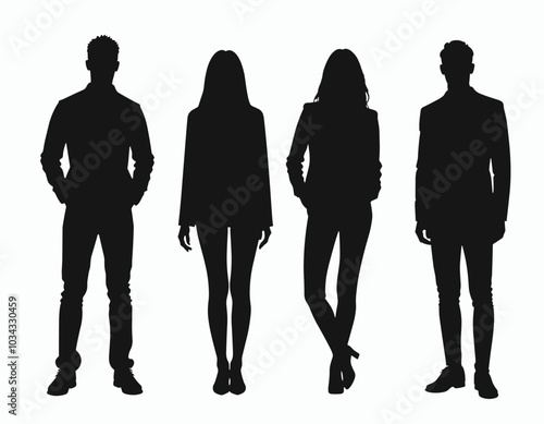 Silhouettes of two men and two women standing in a row, highlighting varied postures and attire against a plain backdrop.