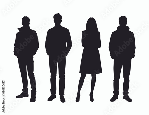 Silhouettes of diverse group in various poses against a white background.