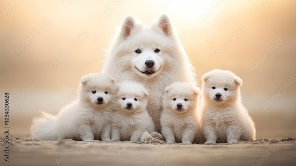 A joyful Samoyed stands on the soft sand with her three adorable puppies, enjoying the warm sunset glow and the sound of gentle ocean waves nearby A joyful Samoyed stands on the soft sand with her three adorable puppies, enjoying the warm sunset glow and the sound of gentle ocean waves nearby