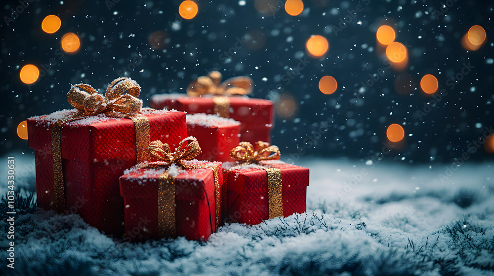 A Serene Background of Christmas Gifts in the Snow, Featuring Beautifully Wrapped Presents in Festive Colors. This Scene Captures the Magic of the Holiday Season, Perfect for Enhancing Seasonal Greeti A Serene Background of Christmas Gifts in the Snow, Featuring Beautifully Wrapped Presents in Festive Colors. This Scene Captures the Magic of the Holiday Season, Perfect for Enhancing Seasonal Greeti