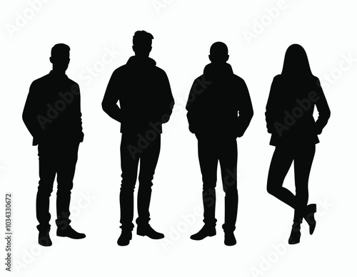 Silhouettes of four individuals stand confidently against a white background, showcasing diverse postures of self-assurance and style.