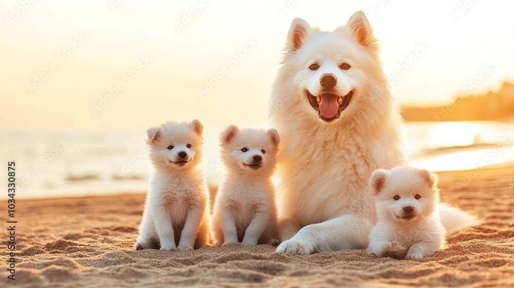 A joyful Samoyed stands on the soft sand with her three adorable puppies, enjoying the warm sunset glow and the sound of gentle ocean waves nearby. A joyful Samoyed stands on the soft sand with her three adorable puppies, enjoying the warm sunset glow and the sound of gentle ocean waves nearby.