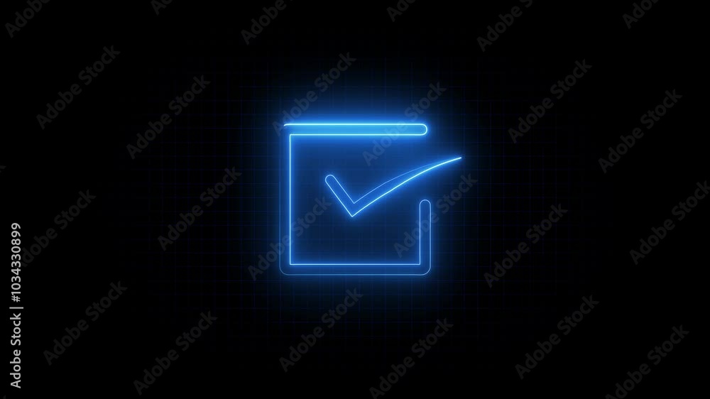 Check mark verified selection, approve and confirm sign in rectangle. Check mark symbol with square box. Glowing check mark animation icon. Check mark verified selection, approve and confirm sign in rectangle. Check mark symbol with square box. Glowing check mark animation icon.