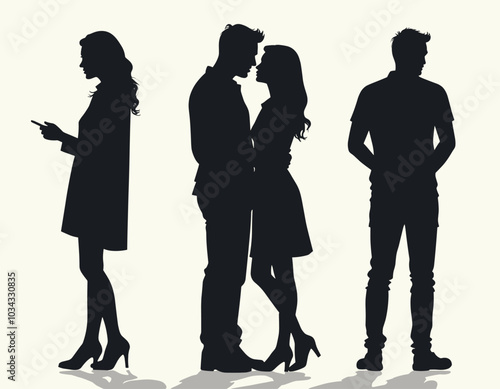 Silhouettes of three individuals with two people in a romantic embrace and one solitary figure standing apart.