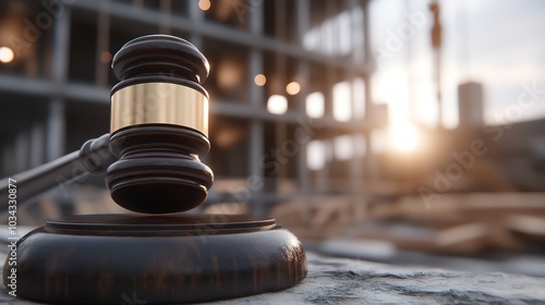 Wooden gavel resting on a surface at a construction site, symbolizing justice and legal matters in the building industry, with sun flare.