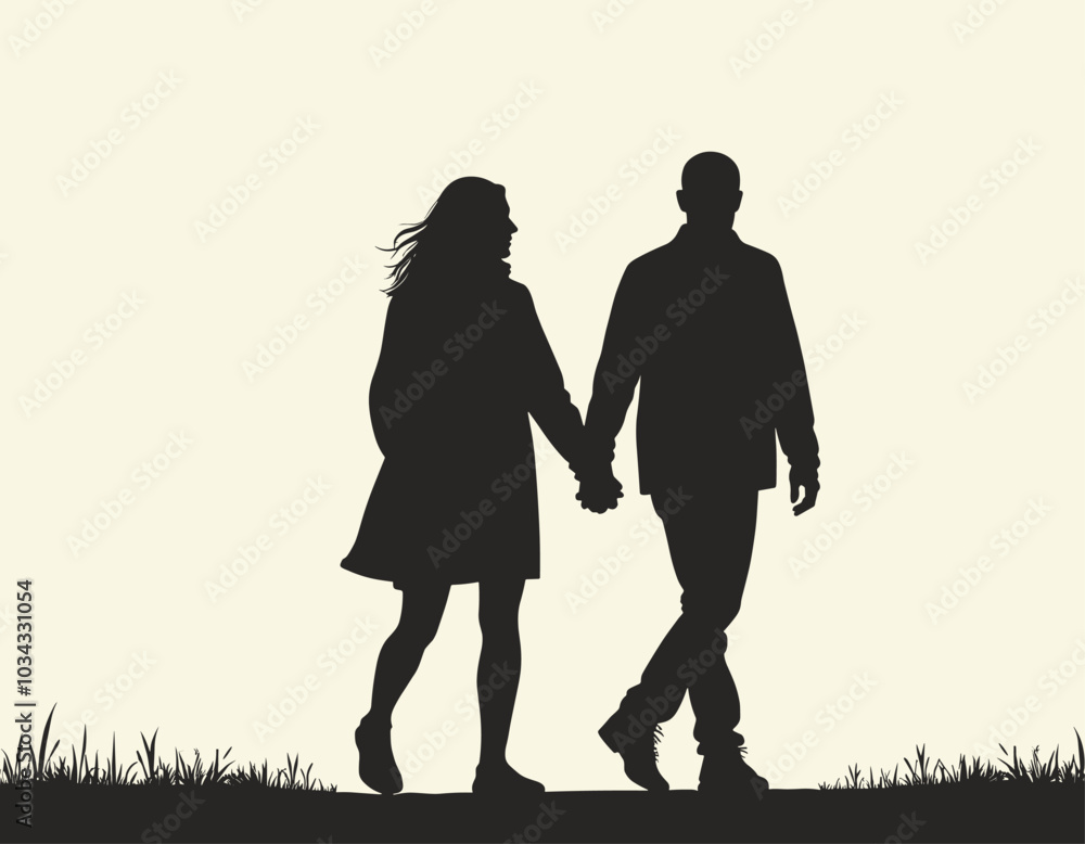 Silhouette of a couple walking hand in hand at sunset, evoking a sense of unity and tranquility. Silhouette of a couple walking hand in hand at sunset, evoking a sense of unity and tranquility.