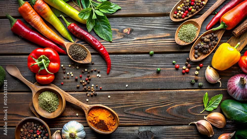 Vibrant display of fresh vegetables and spices arranged on rustic wooden table for cooking inspiration and healthy eating Vibrant display of fresh vegetables and spices arranged on rustic wooden table for cooking inspiration and healthy eating