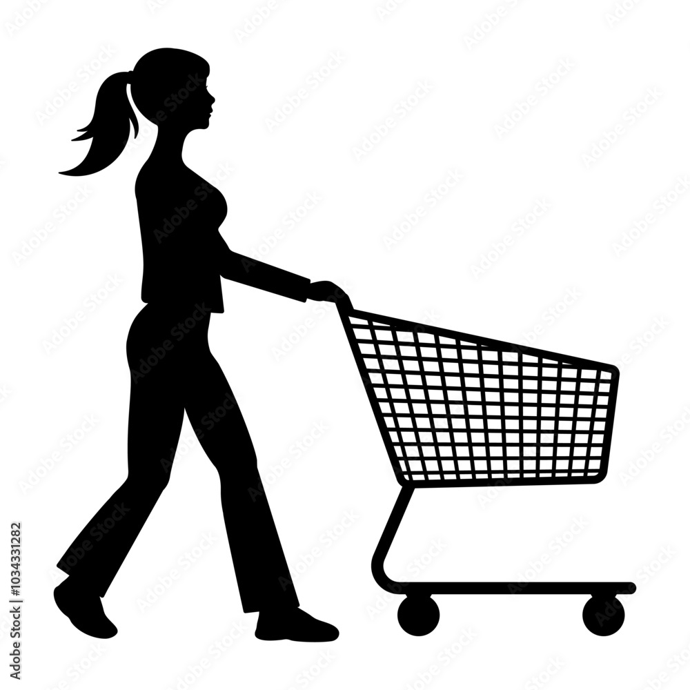 Silhouette of a woman pushing a shopping cart empty. Vector illustration Silhouette of a woman pushing a shopping cart empty. Vector illustration