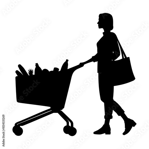 Silhouette of a woman pushing a shopping cart full of groceries. Vector illustration