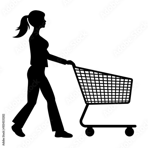 Silhouette of a woman pushing a shopping cart empty. Vector illustration