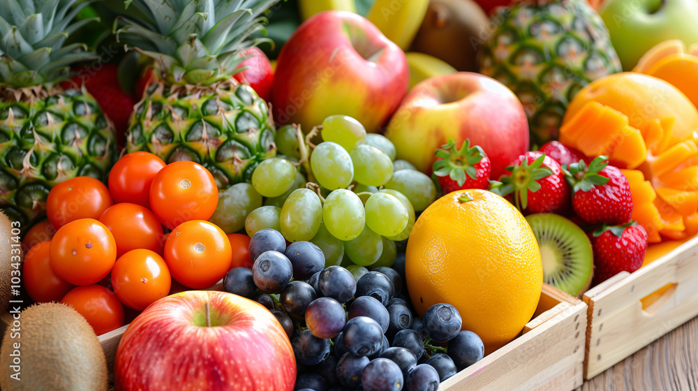 Caja de frutas frescas variadas con colores vibrantes Caja de frutas frescas variadas con colores vibrantes