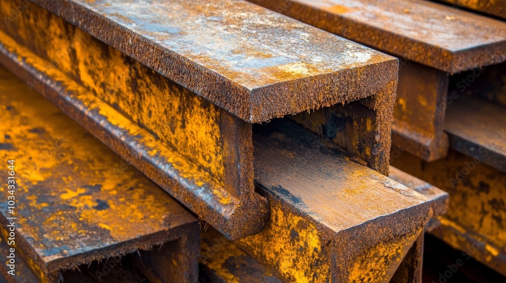 Rusty steel beams await transport reflecting a rich tapestry of color in the setting sun Rusty steel beams await transport reflecting a rich tapestry of color in the setting sun